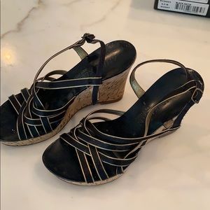 Black/gold strappy wedges